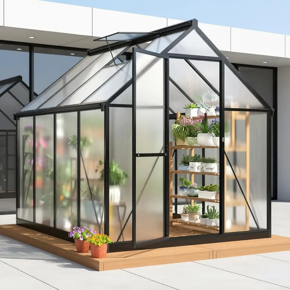

Outdoor 6x7.5ft Polycarbonate Walk-in Greenhouse with Quick Assembly and Roof Vent for Garden Use