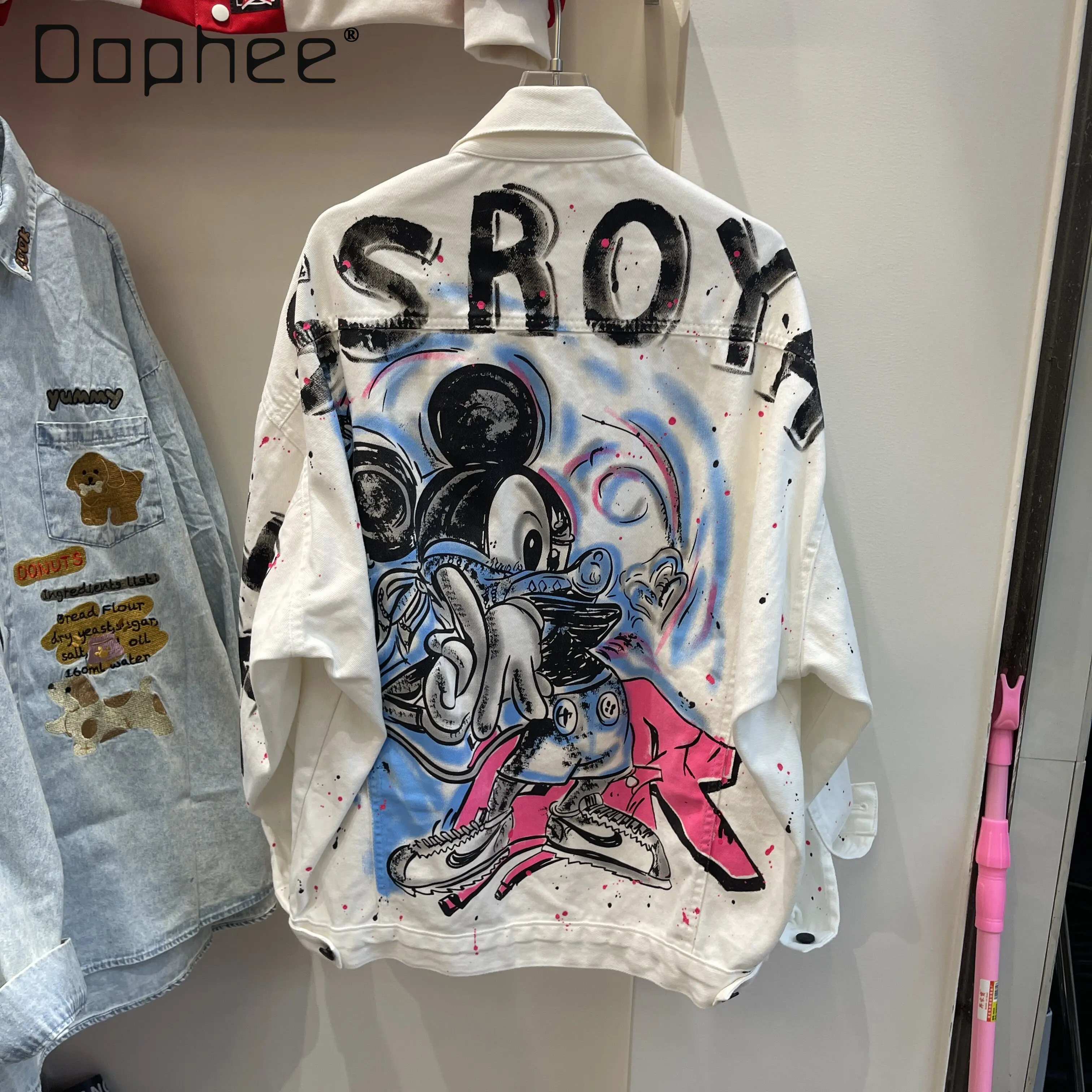 Graffiti Denim Jacket Women's Spring and Autumn Models American Trendy Brand Loose Casual Cartoon Design White Coat