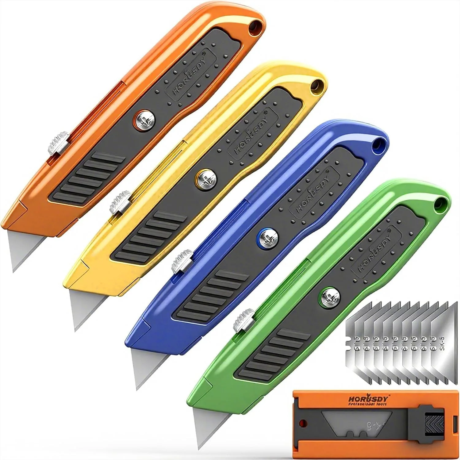 

4-Pack Box Cutter Utility Knife with Heavy Duty Aluminum Shell, Retractable Blade for Cardboard, Boxes, and Cartons, Includes 10