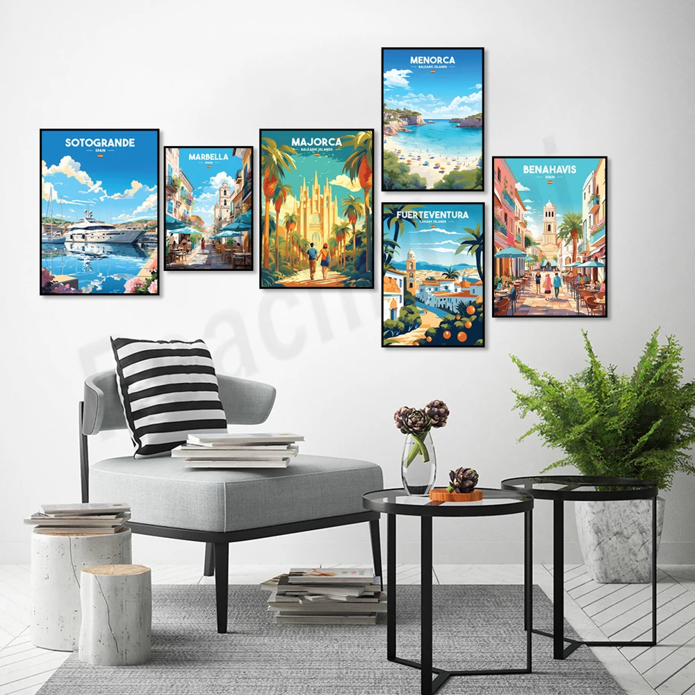 Sotogrande, Menorca, Tenerife, Gran Canaria, Benahavis, Fuerteventura, Catedral de Mallorca, Impresión de carteles de viaje de Marbella, pared Ar