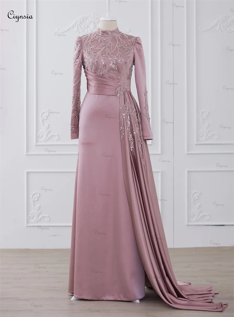 Ciynsia Abendkleider-Robe de Soirée en Satin et Dentelle Perlée, Hijab, Col Haut, Ligne A, Élégante, Luxus, 2024