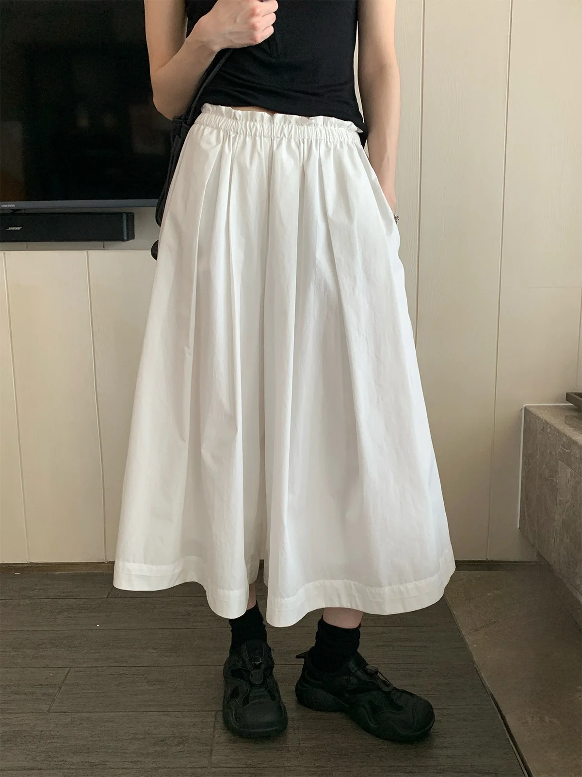 

Spring Summer Cotton Bloomer Pants Elastic Waist Loose Fit High Elasticity Pure Color Casual Style Seven-Quarter Length Skirt...