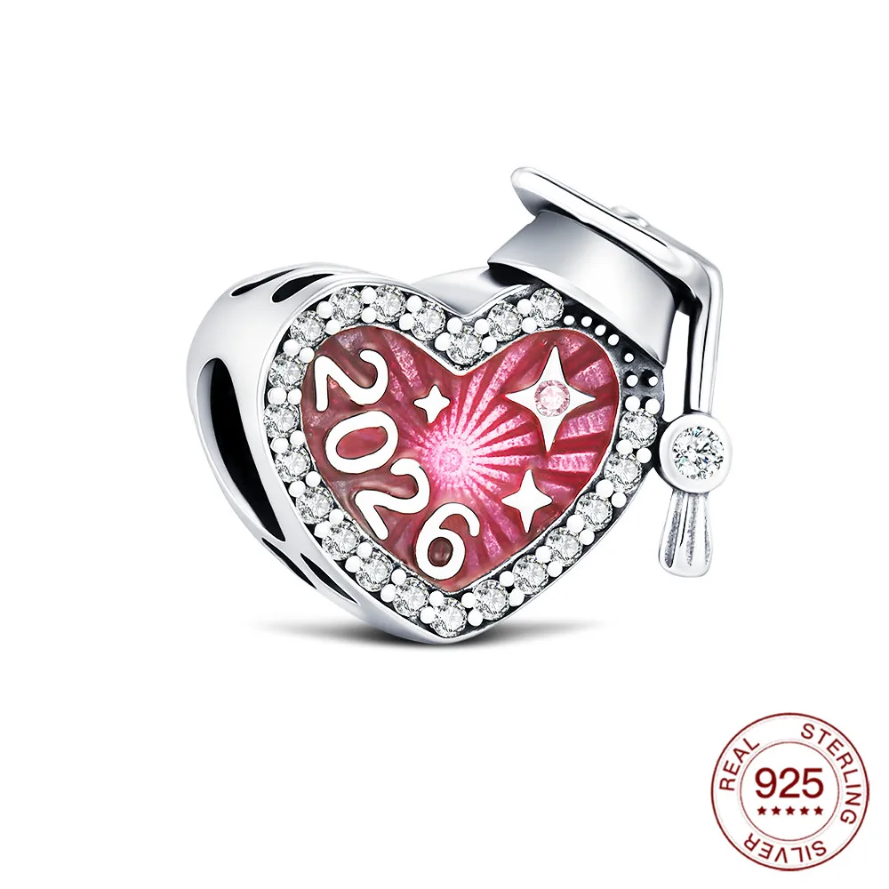 New 925 Sterling Silver Charm 2026 Pink Graduation Cap Beads Fit Bracelet Women's DIY Jewelry Love Daily Hot Lucky Gifts