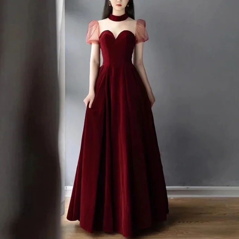 

Velvet Wine Red Temperament Wedding Party Dresses Slim Wasit Gentle Banquet Evening Dress Puff Sleeve Pleated Prom Vestidos