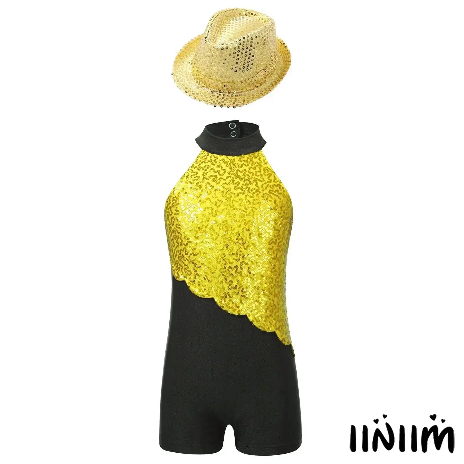 

Kids Girls Jazz Dance Outfit Strappy Back Mock Neck Sleeveless Glittery Sequin Bodysuit with Sequins Hat Performance Dancewear