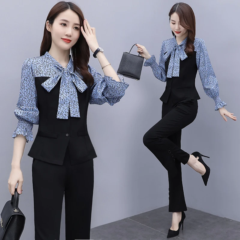 

Women Oversize Patchwork Slim Spring Autumn Pants Sets 2024 New Fashion Office Lady Clothes Bow Collar Female 2 Pieces Outfits