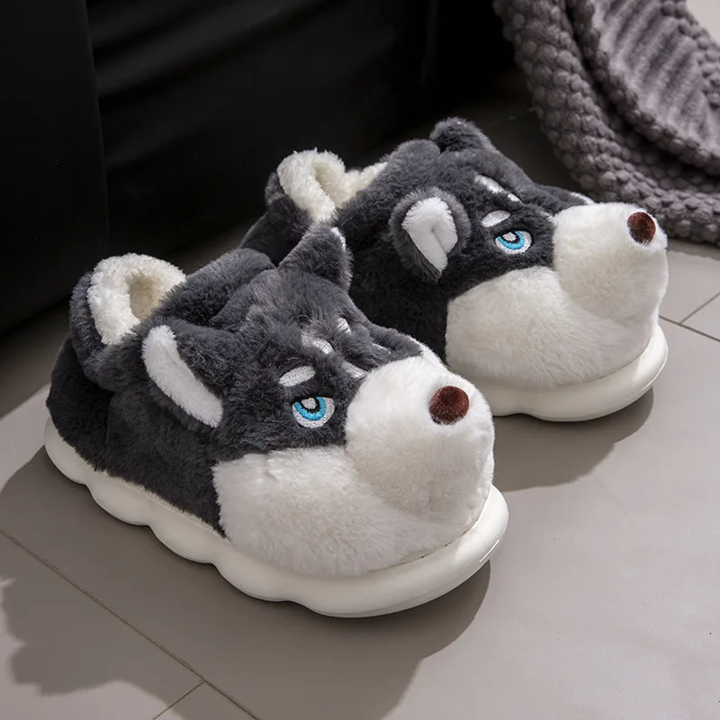 SHAJI Indoor Fluffy Slippers For Women Men Winter Warm Shoes Cute Cartoon Dog Light Weight Couples Home Floor Slipper
