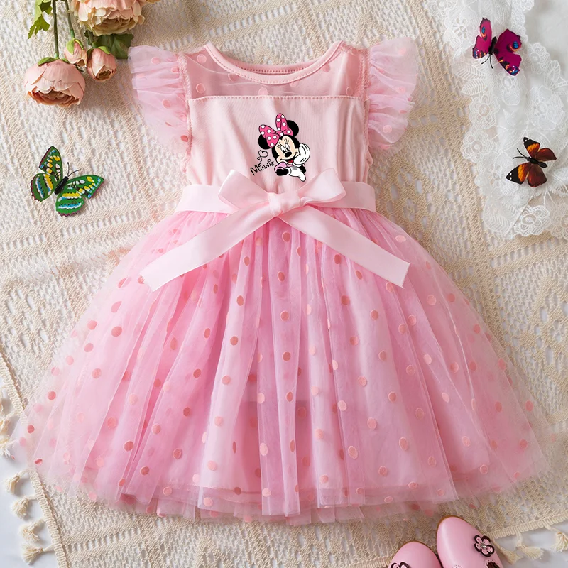 Vestido Mickey Minnie Mouse para meninas, saia de malha princesa, vestidos de casamento sem mangas, verão, 2 a 6 anos