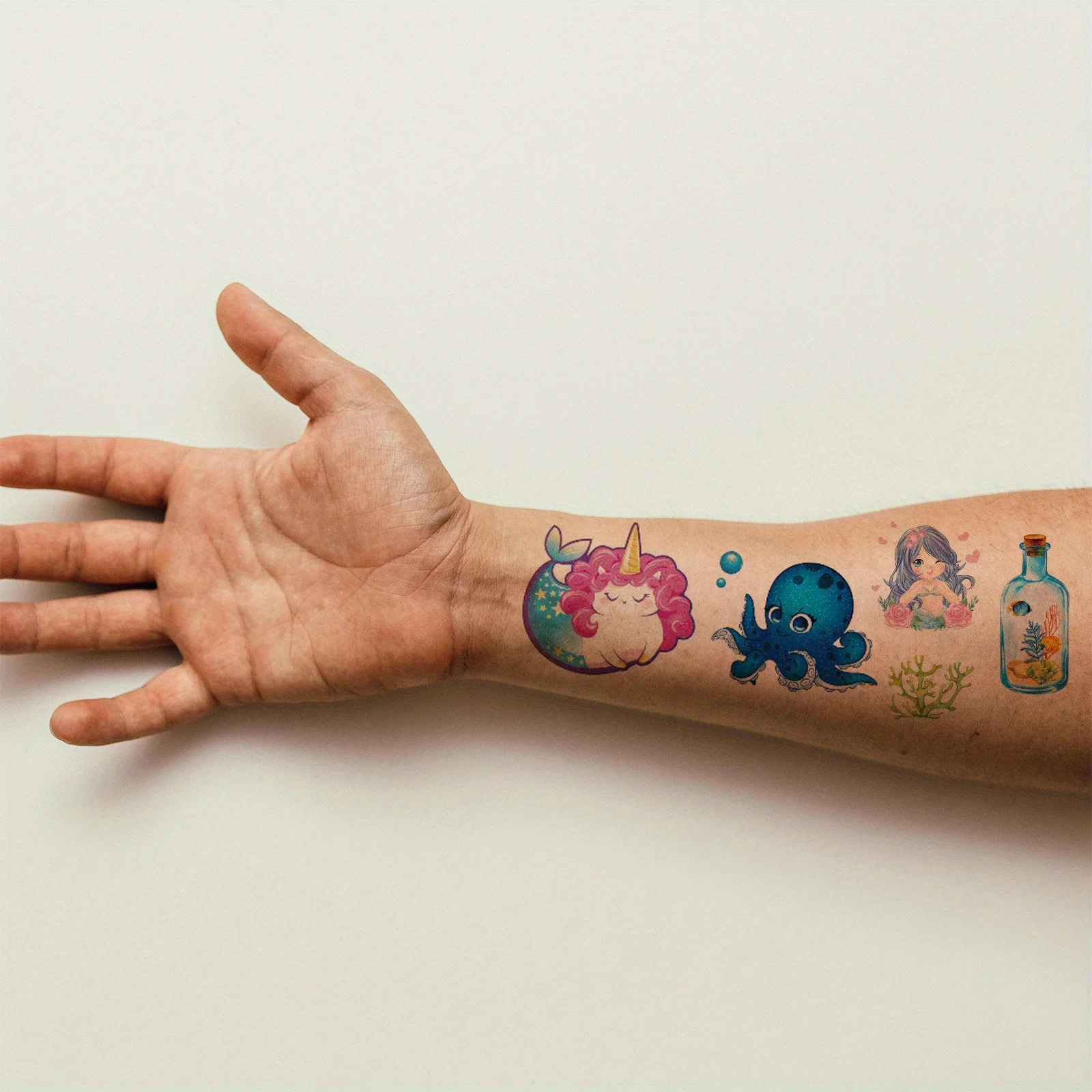 12 Lembar Stiker Tato Glitter Putri Duyung Hewan Laut Stiker Tato Temporer, Desain Lucu Tahan Air Palsu untuk Bawah Air