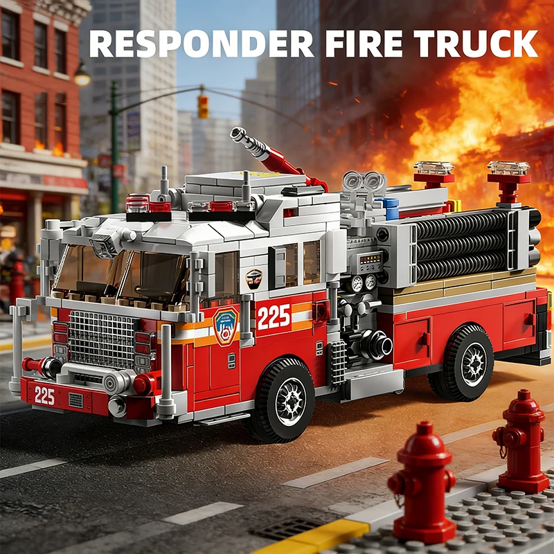 

Конструктор «Пожарная машина Responder»: Классическая американская винтажная пожарная машина, модель для сборки, настольное украшение, игрушка для мальчиков, подарок