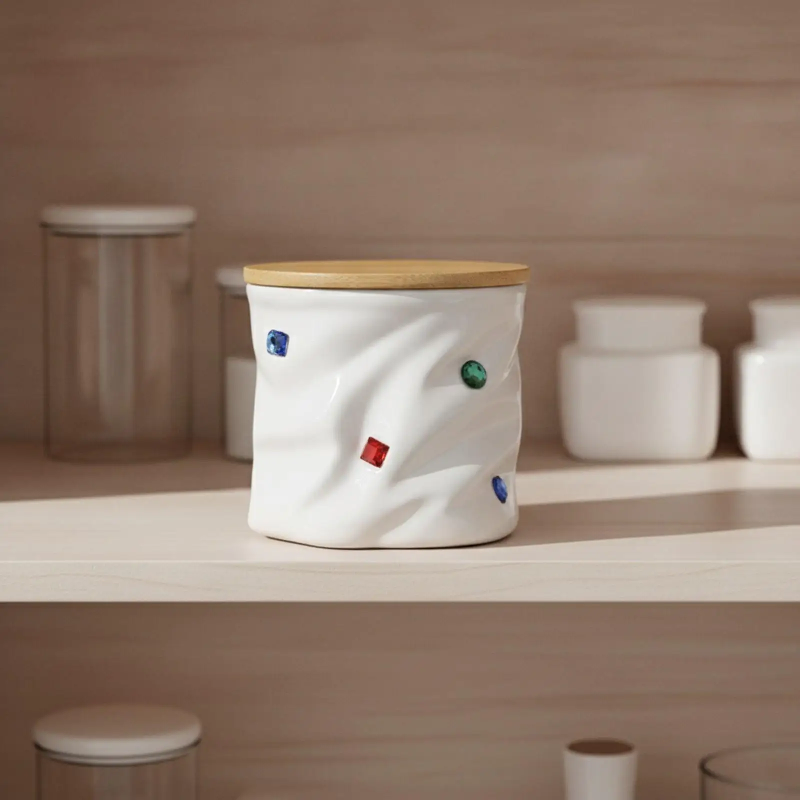 Glossy Ceramic Sealed Storage Jar with Wood Lid Faceted Jewel Ornaments Airtight Tea Leaf Grain Nut Snack Canister for Pantry