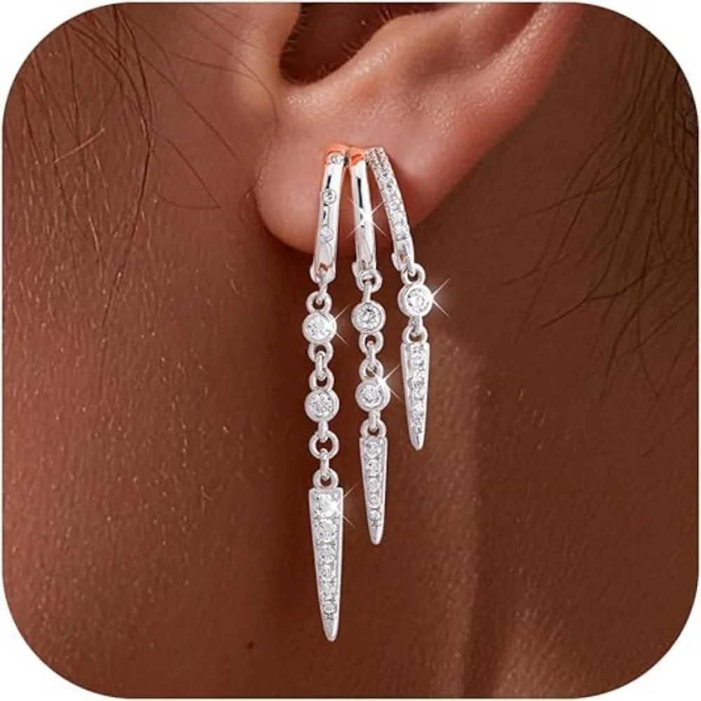 925 Silver Plated Triple Huggie Stud Earrings for Women Sparkling CZ Chain Tassel Hypoallergenic Dangle Earrings Jewelry Gifts