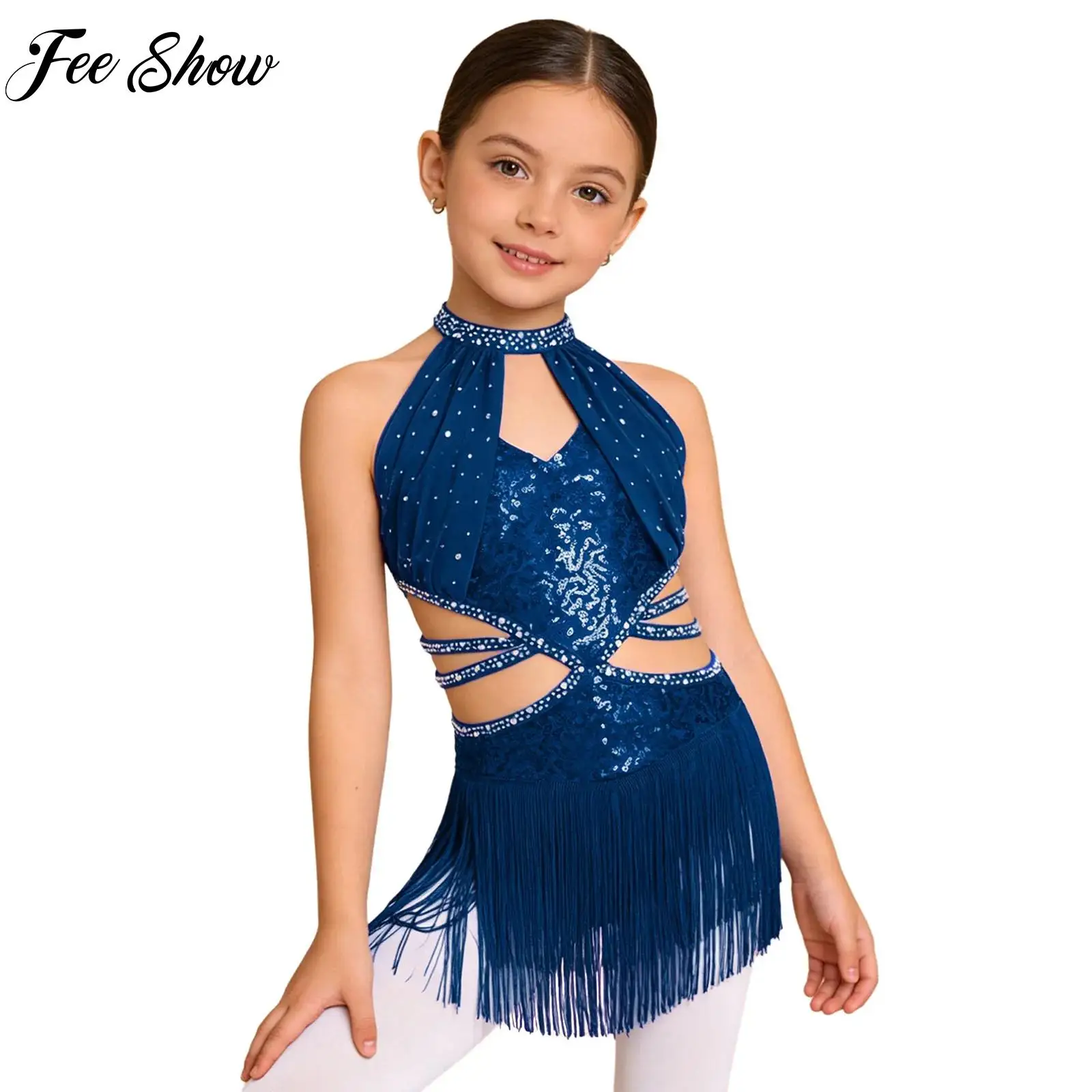 

Детское платье для латиноамериканских танцев (танго, чача, самба, сальса) для девочек, без рукавов, с бахромой, стразами и пайетками, для выступлений