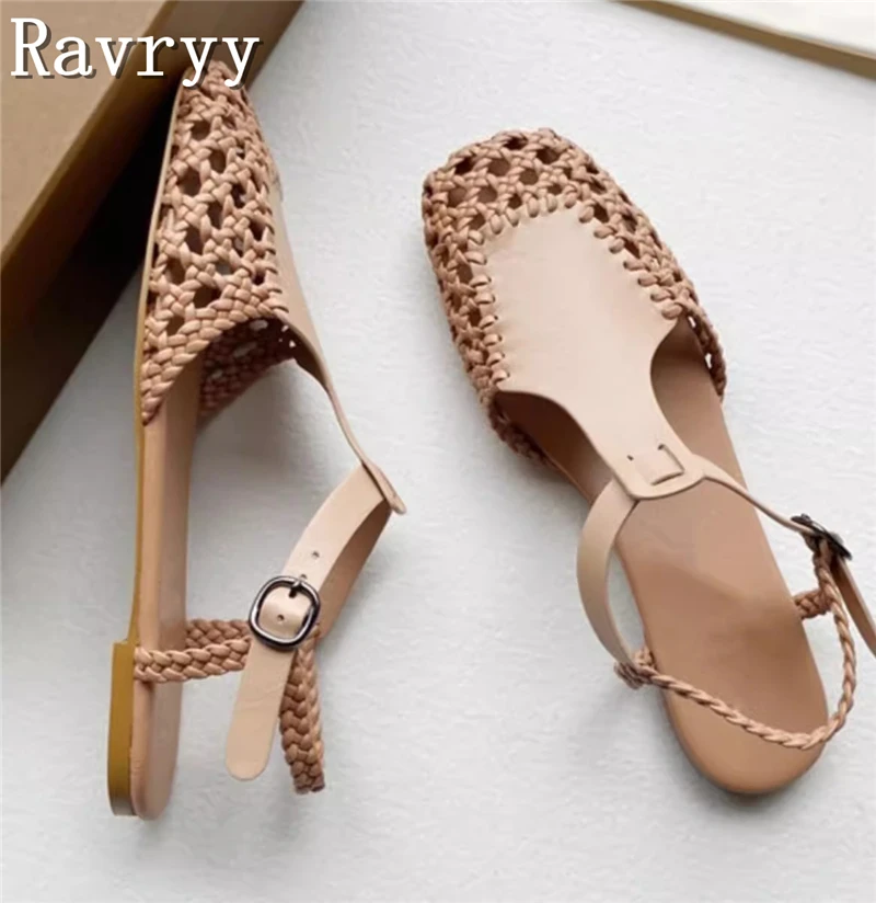 Women New Woven Genuine Leather Sandals Designer Summer Square Toe Flats Roman Style Cladiator Hollow Out Sandals