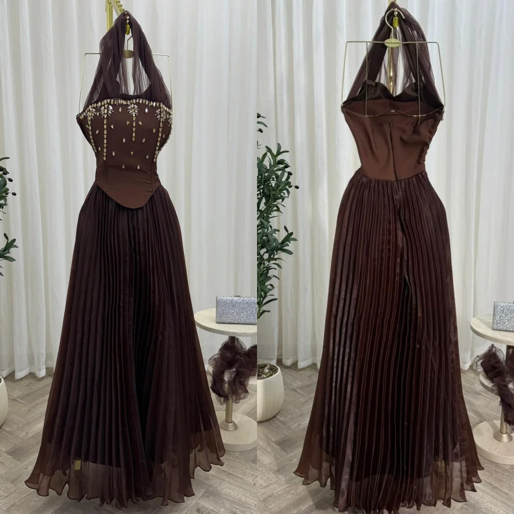 

Customized High Quality Pleat Sequined A-line Halter Long Dresses Bespoke Occasion Evening Sparkle Sizes Available