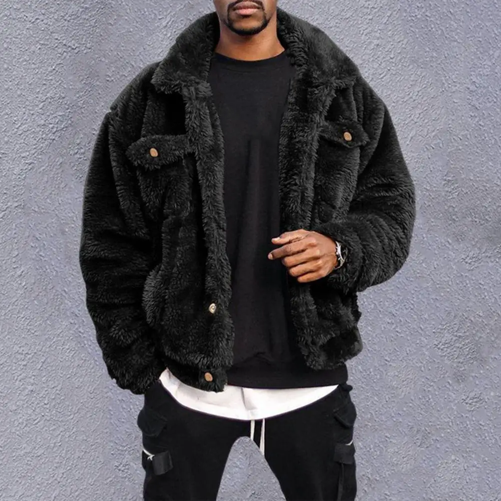 Winter Coat Solid Color Plush Simple Fluffy Men Jacket for Daily Wear