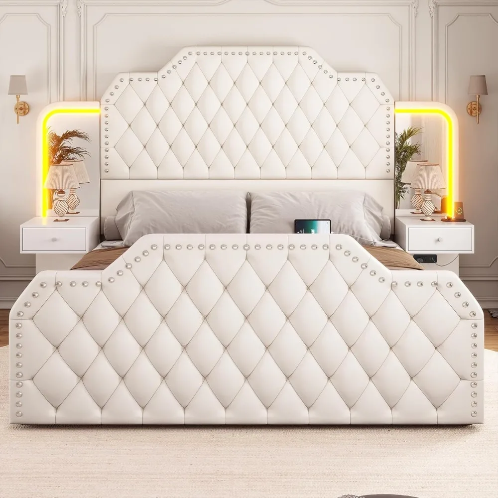 Queen Bed Frame 4 Storage Drawers, PU Leather Upholstered Platform Bed Frame, Built in Charging Station & LedLM