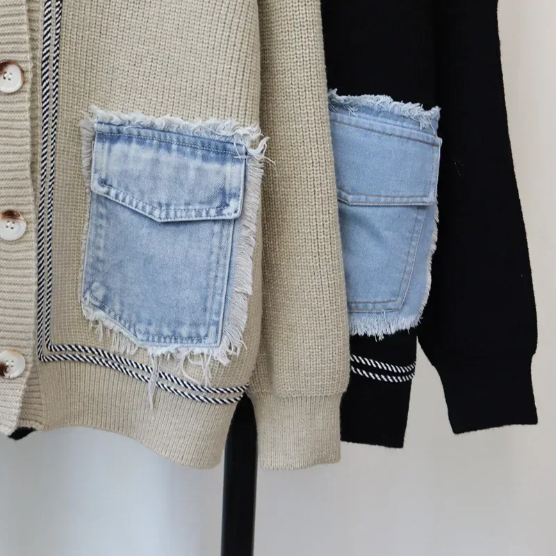 2024 Women Sweater Denim Patchwork Cardigan Kintted Loose Spring Autumn Vintage Winter Streetwear Y2k Jumper Coat Cardigans