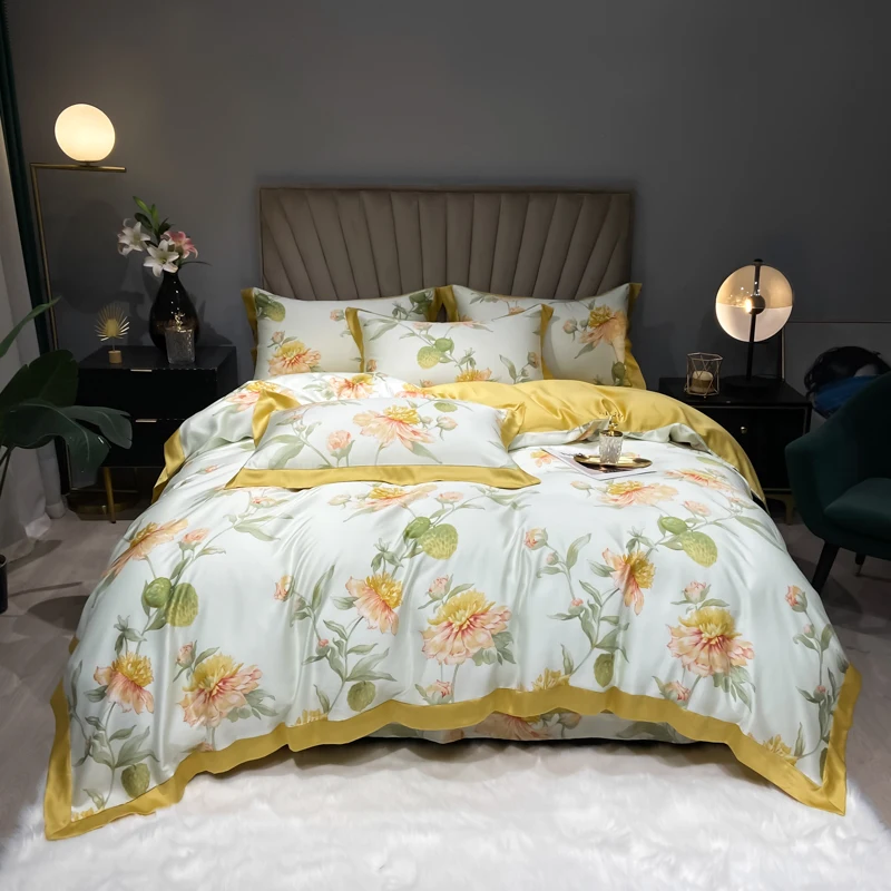 

Wholesale Pastoral Style Pillow case Printed Lyocell Fiber Quilt Cover Bed Sheet Cotton Duvet Cover Yellow Bedding Set