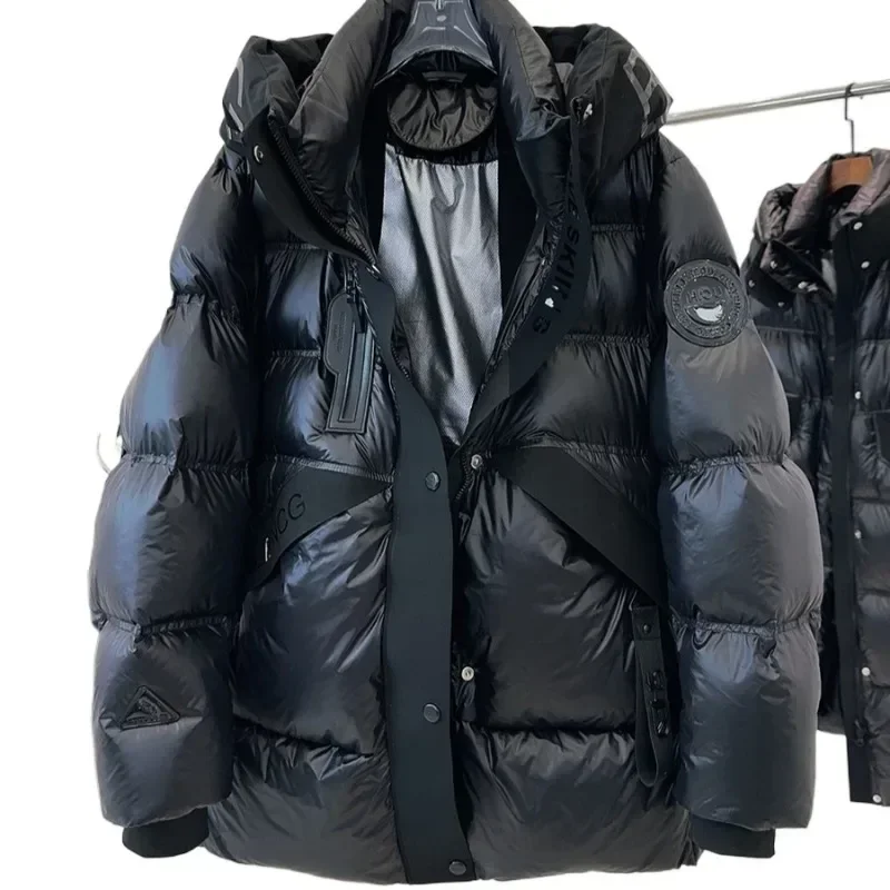 Modna czarna błyszcząca kurtka puchowa Damska kurtka puchowa 2024 Nowa koreańska wersja Street Shooting Casual Parker Coat z kapturem — zdjęcie 2