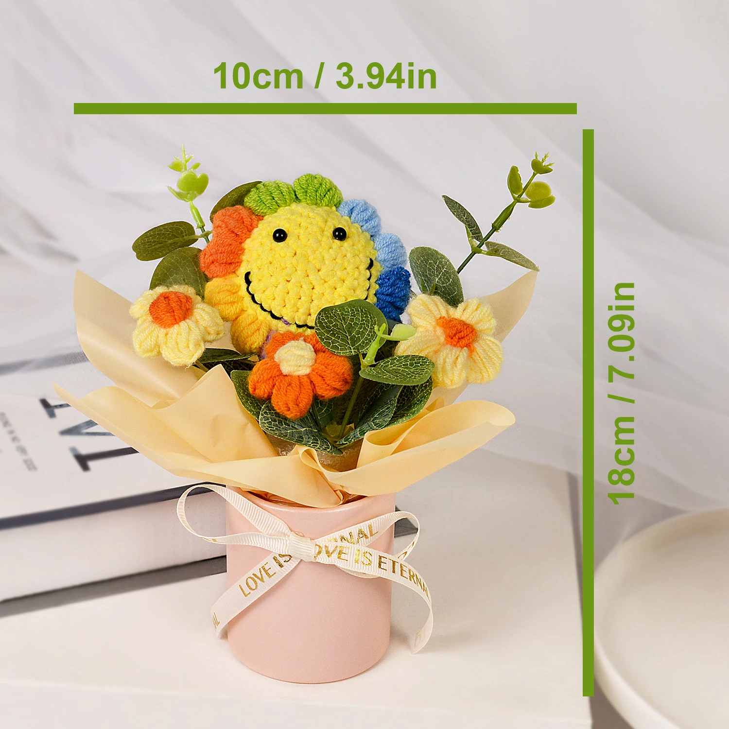 1 Stück handgefertigter gehäkelter Sonnenblumenstrauß in Geschenkbox, gestrickter Blumenstrauß für Muttertag, Thanksgiving und Heimdekoration – Detail 5