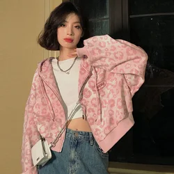 Preppy Style Pink Sweatshirts Leopard Print Y2K Harajuku Oversized Hoodies Women Vintage Casual Zipper Cropped Jacket Tops Cute