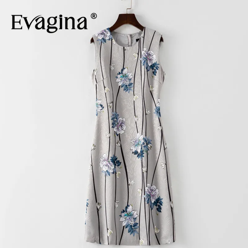 

Evagina Chic Print Sleeveless Jacquard New Design Summer Women's Dress Vintage Elegant Grey Dresses