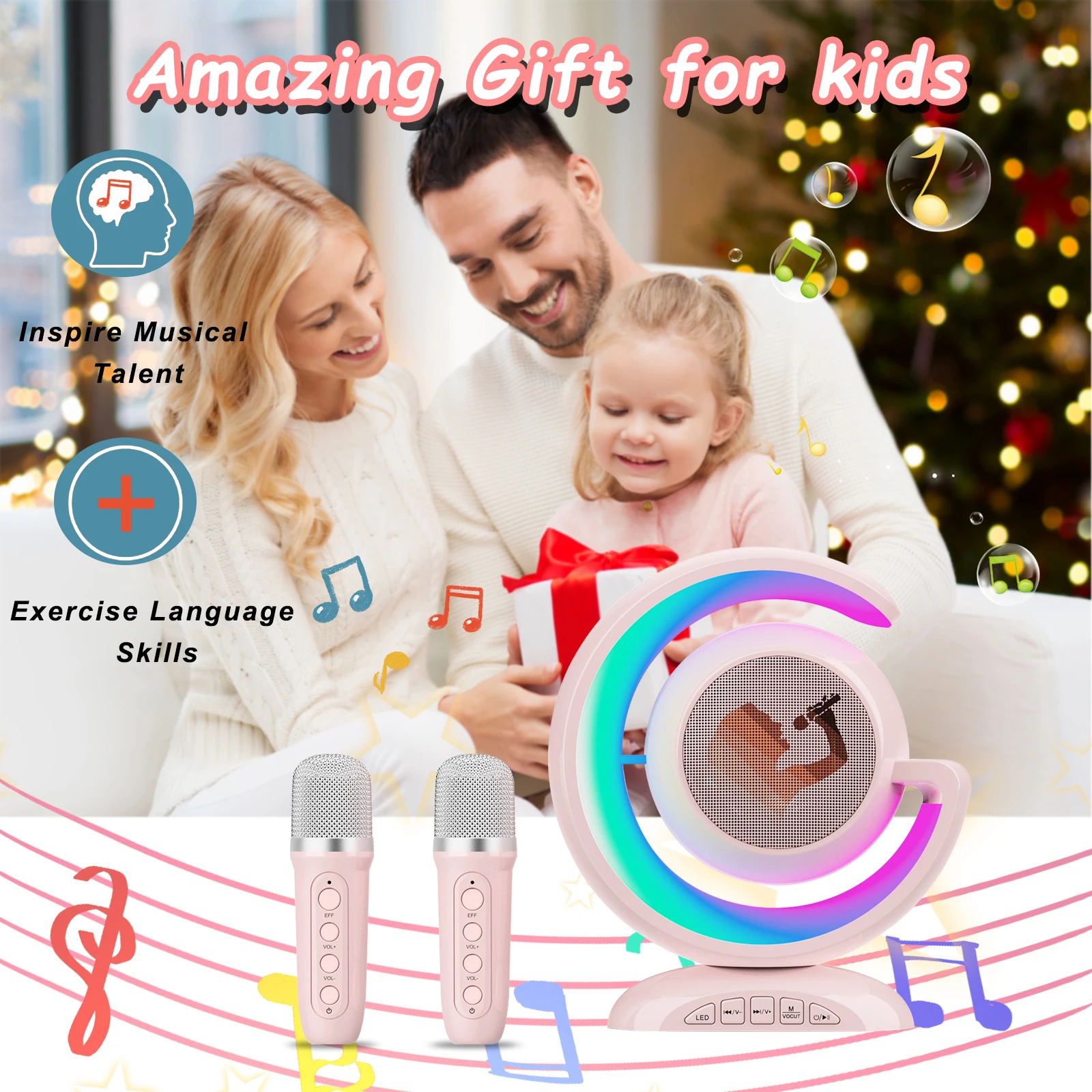 Microphone de karaoké Bluetooth sans fil pour enfants, 2 microphones sans fil, lumières LED, fête à la maison, cadeaux d'anniversaire pour enfants