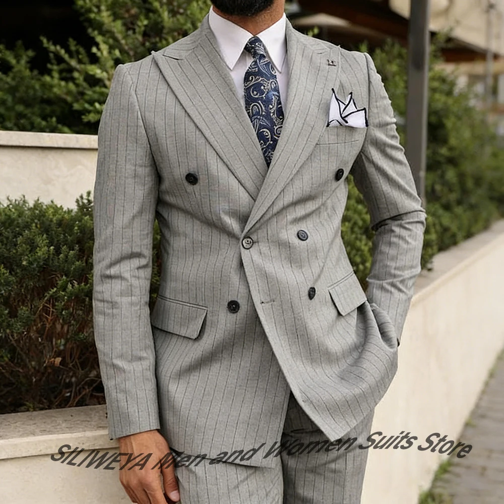

Light Gray Pinstripe Men's Suits and Separates Double-Breasted Formal Business 2 Pieces(Jacket+Pants) Wedding Groom Tuxedo