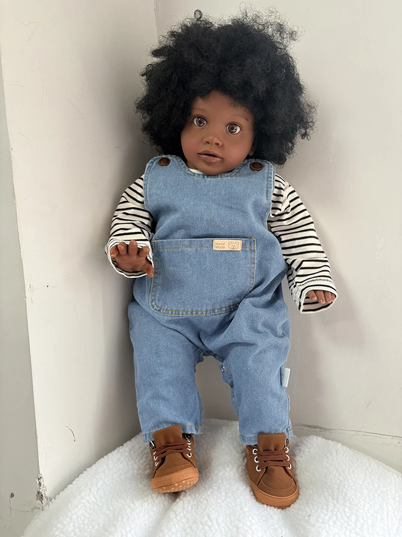 26Inch Handmade Real Looking Dark Skin Huge Size Baby Realistic Lifelike Doll Reborn Pippa with Hand Rooted Black Curly Hair