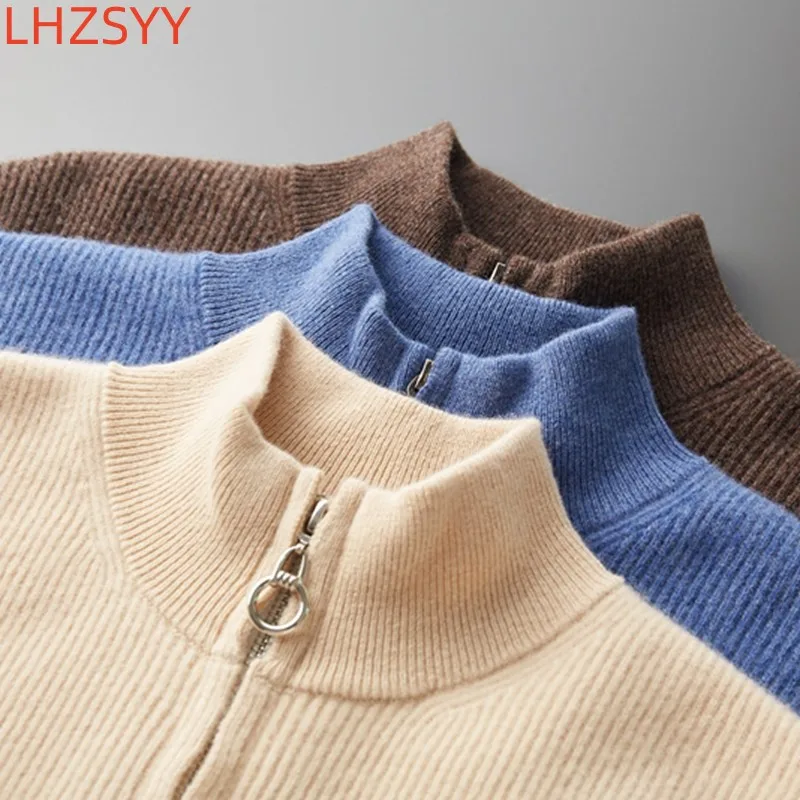 LHZSYY Men\'s Cashmere Knit Cardigan Middle-Aged Stand-up Collar Zip-up Coat 100%Pure Wool Autumn Winter Thick Sweater Men Jacket