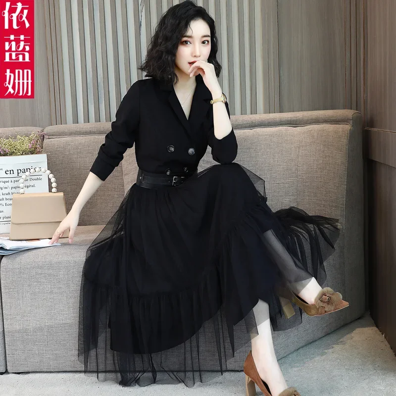 

Lace mesh stitching dress 2018 autumn new Korean slim stylish long sleeve long Hong Kong style skirt