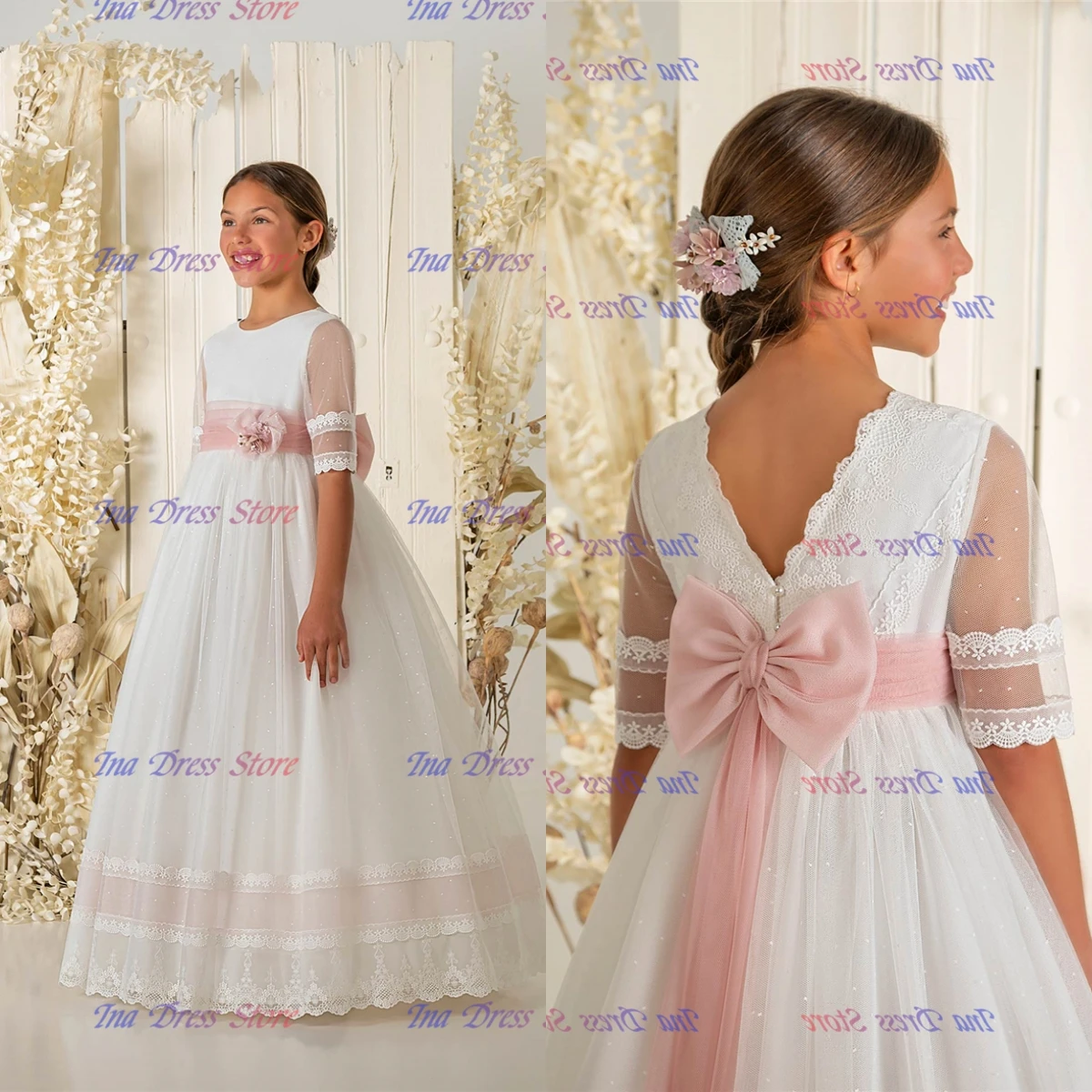 

Quality Lace Appliqué Elegant Idyllic First Communion Gowns Flower Girl Dress Little Princess Ball Kids Birthday Party Gowns