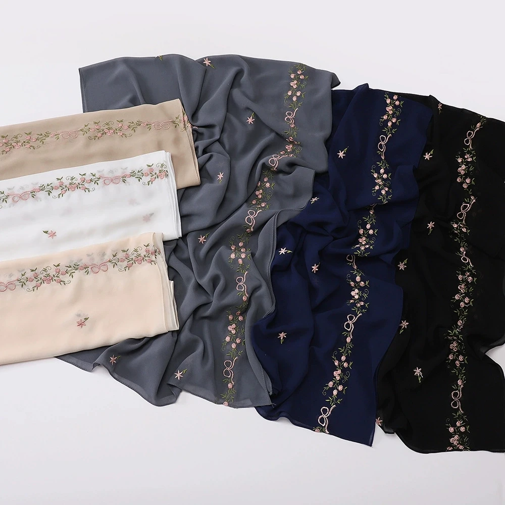 

Элегантные шарфы с цветочным узором, шифоновый шарф, модный женский шарф с вышивкой цветов, длинный мягкий шарф-накидка, имитация шелковой шали, пляжный шарф