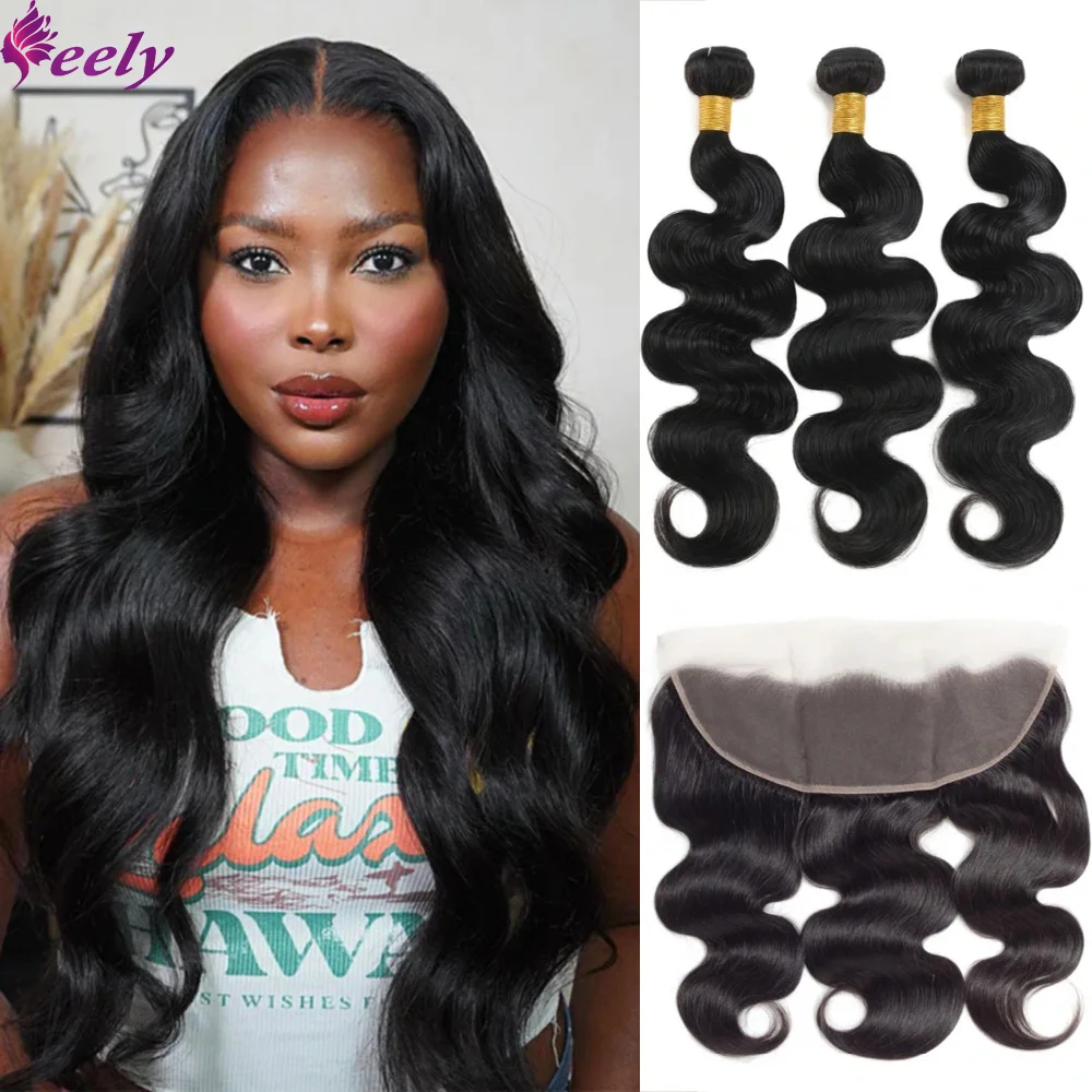 Body Wave 3 Bundles With Closure Brazilian 100% Unprocessed Human Hair Bundles With Frontal 13x4 Lace Natural Black 1B For Women