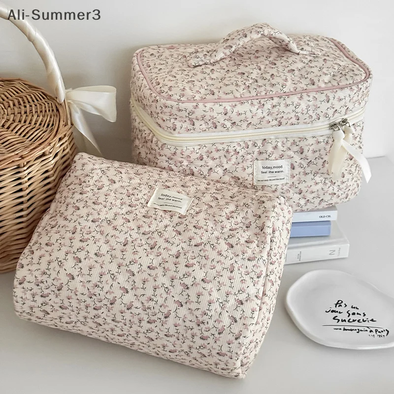 Vintage Floral Corduroy Women Cosmetic Storage Bags Retro Travel Portable Ladies Handbags Simple Female Makeup Case Clutch Purse