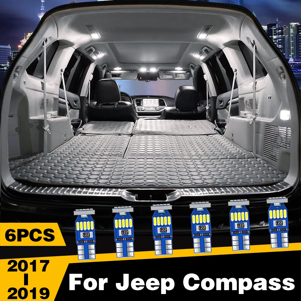 6 Pcs White Ice-Blue Color LED Highlight Car Interior Dome Reading Light Roof Lamp For Jeep Compass 2017-2019 Accessories