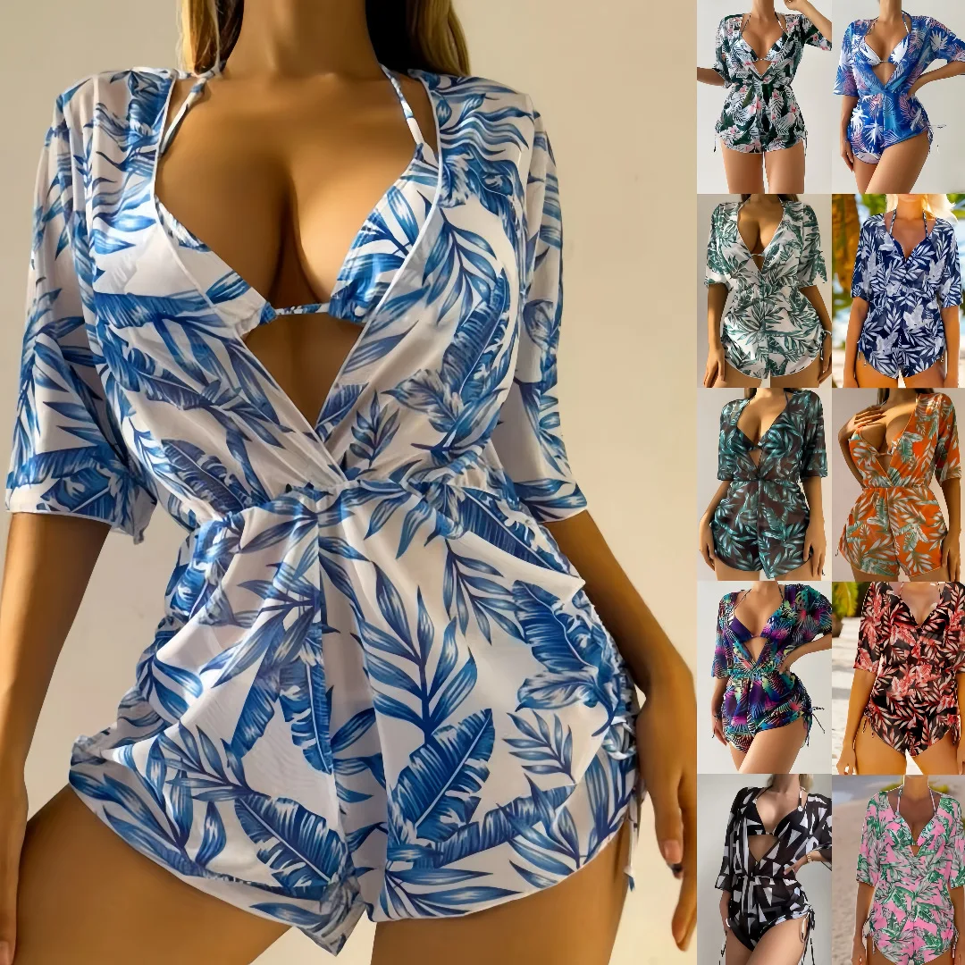 

New 11 Colors Women Bikini 3 Piece Set Halter Top Mid Waisted Bottom + Long Sleeved Drawstring Cover Up 2025 Sexy Slim Beachwear