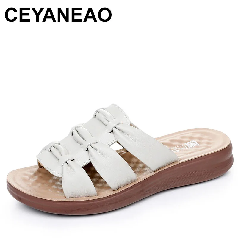 

Summer Soft Cowhide Open Toe Outside Slipper Flat Sandals Comfortable Versatile Non-slip Women Real Leather Slipper