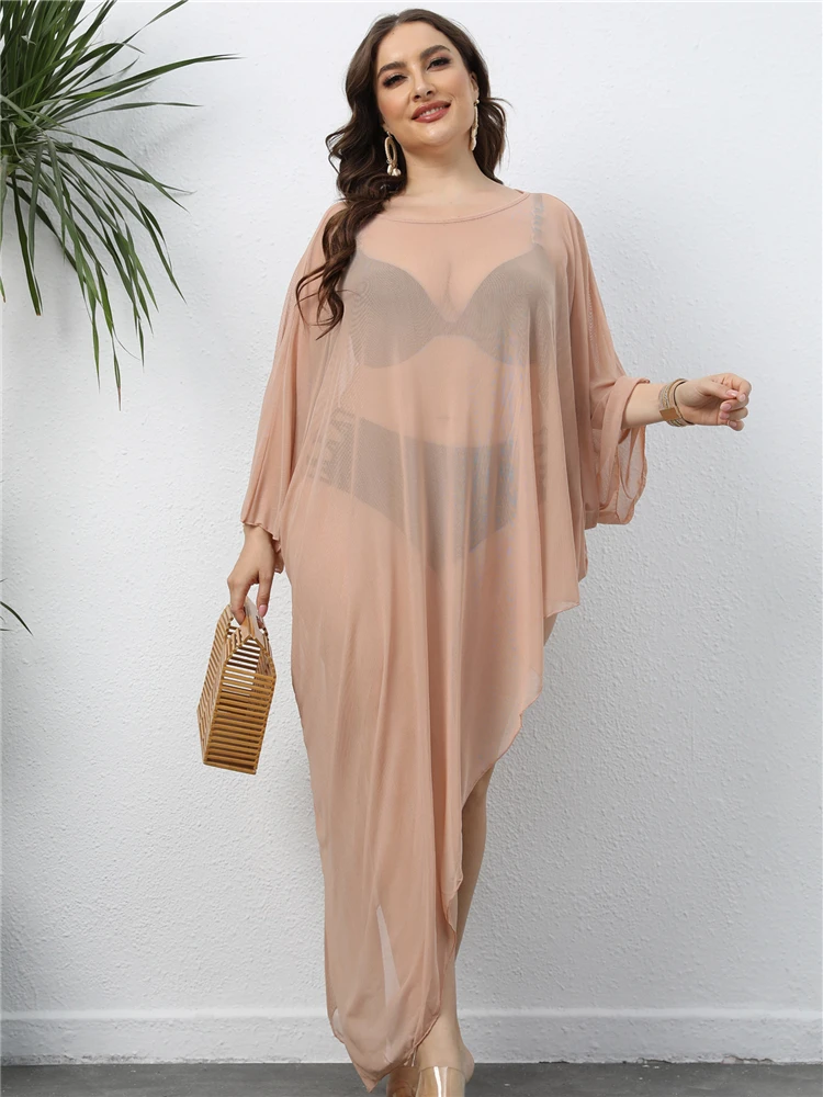 Plus Size Beach Dress for Swimwear Women Spring Mesh Tunicas Mujer Verano Beige Cover Ups Black Lace Outfits Large Fat 2023 4XL