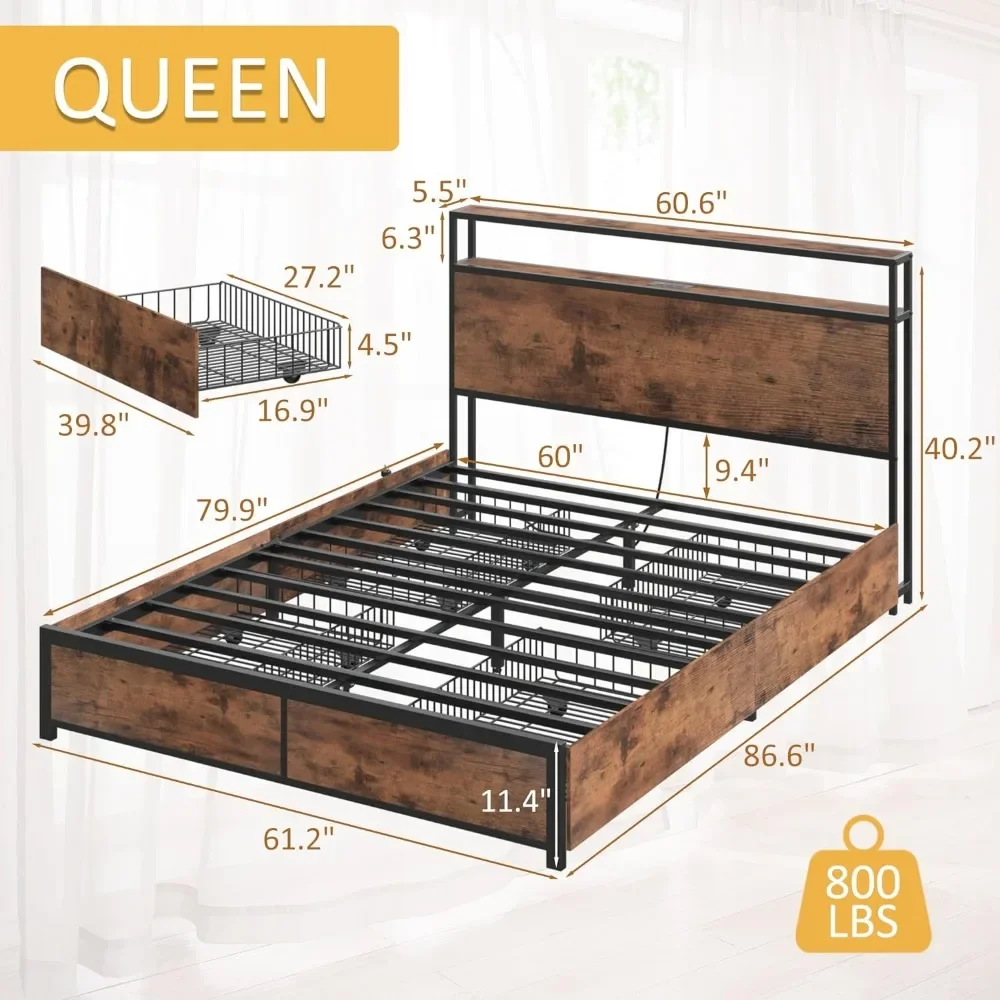 Cadre de lit Queen avec planche de sauna de rangement à 2 niveaux, cadre de lit à plateforme en métal avec 4 portes de rangement, station de charge intégrée et LED