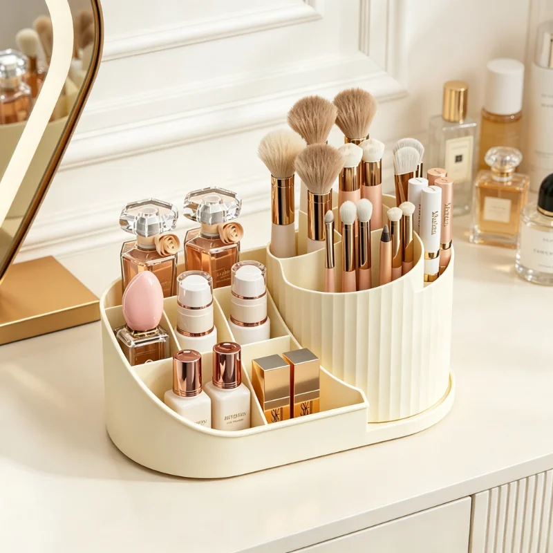 360 ° rotating makeup organizer, multi compartment makeup and stationery storage box, used for dressing tables and study rooms