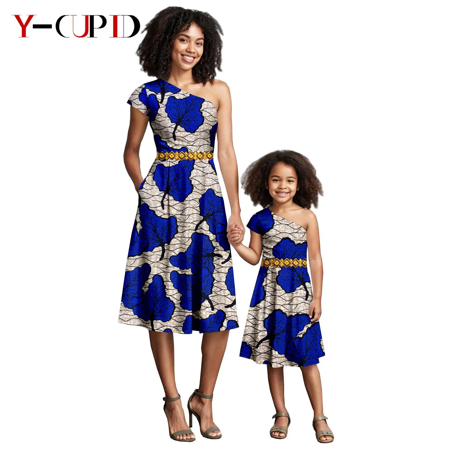 

African Print Diagonal Collar Appliques Dresses for Women Girls Dashiki Mother Outfits Matching Daughter Family Clothes 25F025