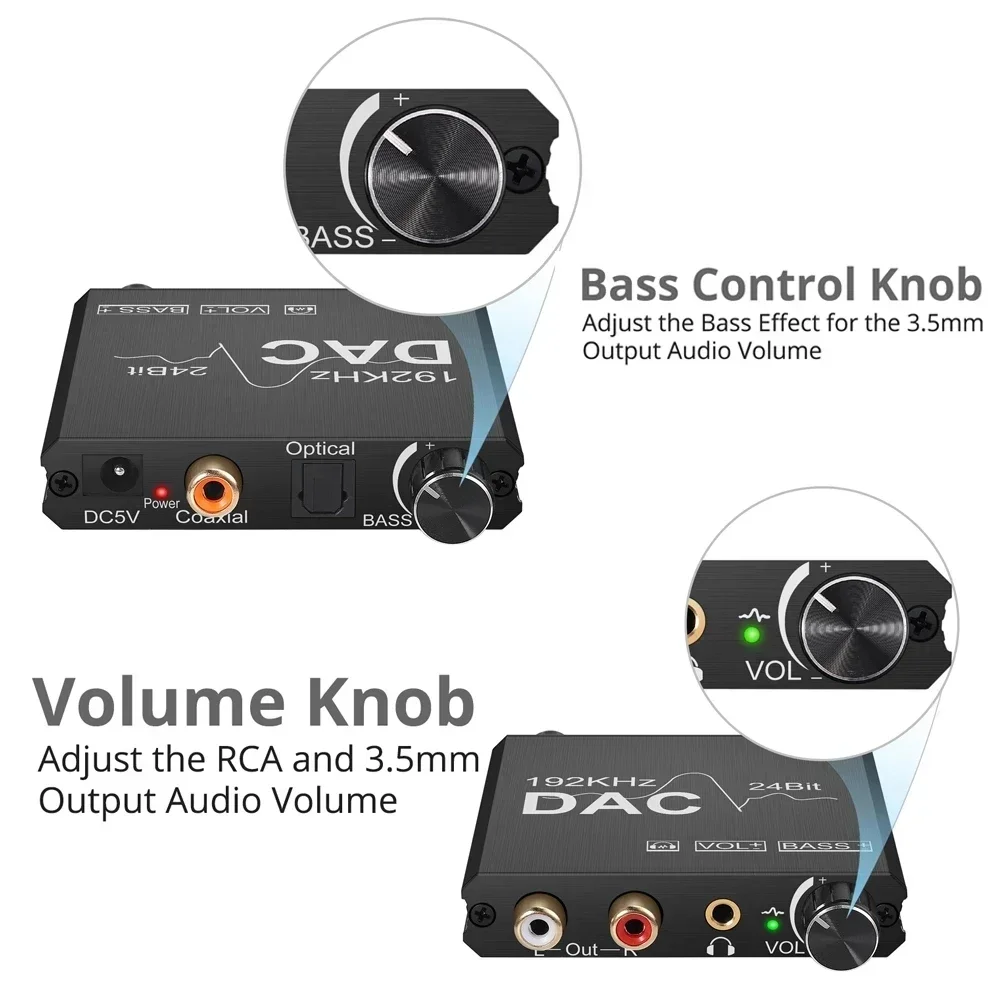 デジタル - アナログ オーディオ コンバーター 192KHz DAC デジタル SPDIF 同軸光 - L/R RCA オーディオ アダプター、低音と音量コントロール付き