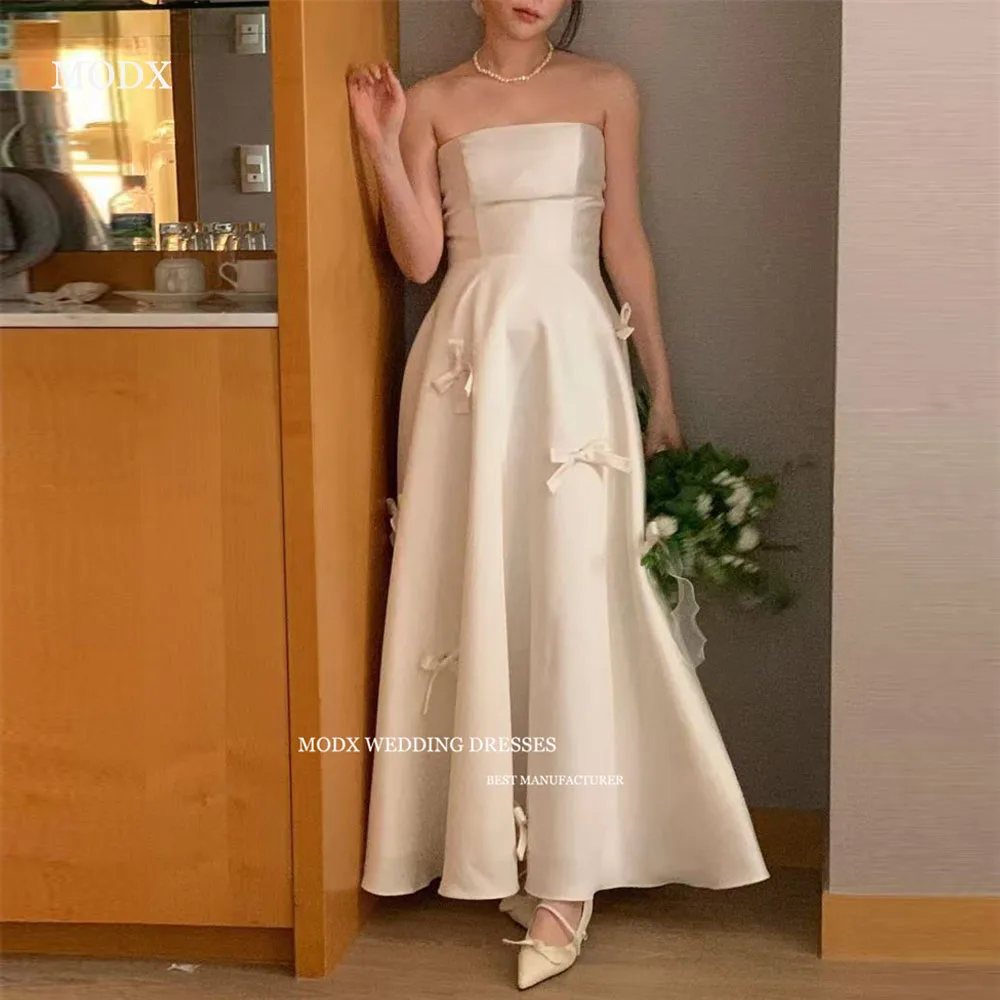 MODX Simple White Wedding Dress A-line Strapless Ribbon Decoration Korean Photography Wedding Formal Bridal Gowns Customized