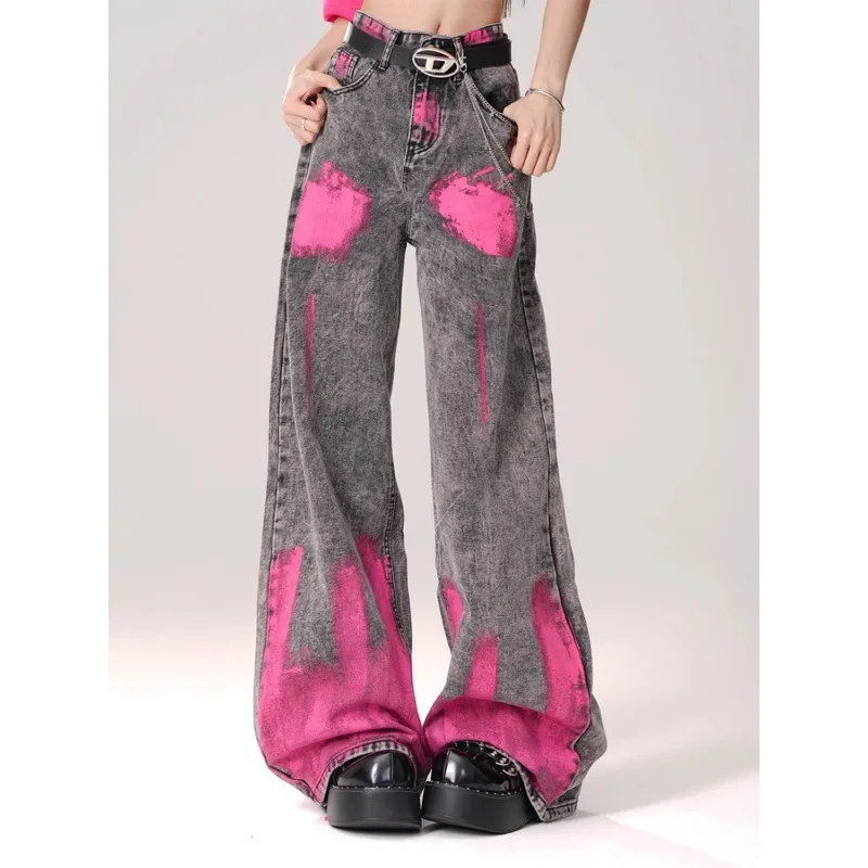 2026 New Women High Street Graffiti Print Straight Leg Jeans High Waist Slimming Wide Leg Loose Floor Length Long Pants