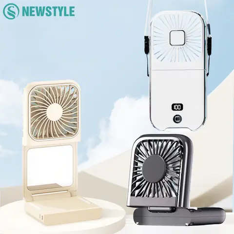 미니 휴대용 휴대용 팬 3000mAh 배터리 소형 이동성 전원 은행 180 ° 접이식 목 팬 USB 옵션 화장품 거울 업그레이드
