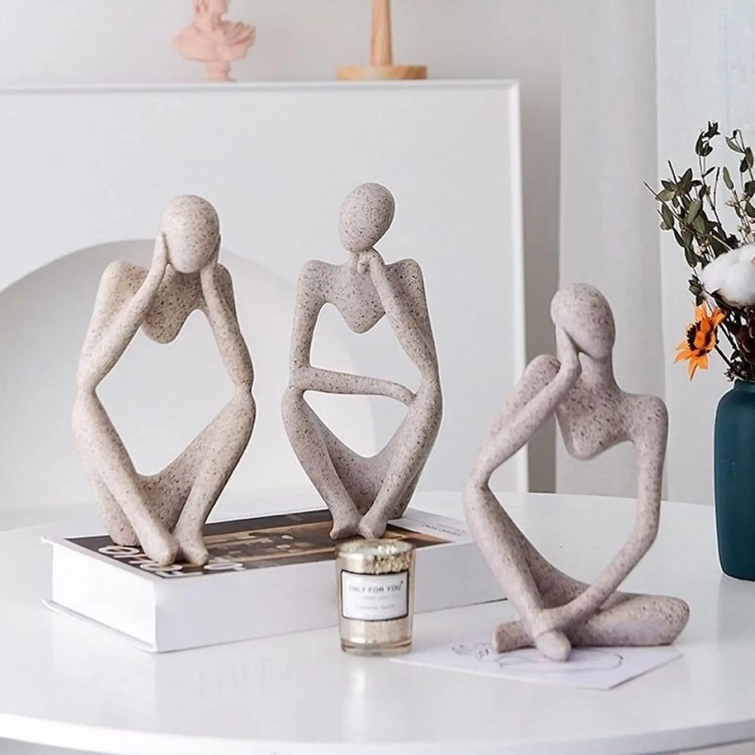 3 Pcs Thinker Resin Statue Set, Thinker Statue Personalized Abstract Ornament for Office Living Room Desk Room Decor (Sandstone)