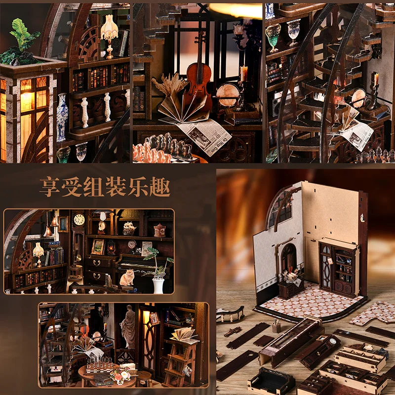 Vintage Study Miniature Book Nook, Wooden DIY House Assembly Model, Lighted Bookshelf Divider Craft Ornament