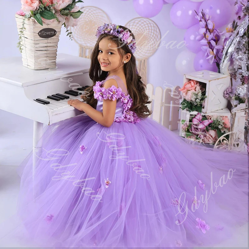 

Purple Flower Girl Dresses for Wedding Toddlers Sheer Neck Birthday Party Dress Little Girls Tiered Tulle Pageant Communion Gown